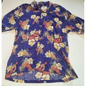 Mango Moon Hawaiian Tropical Print Mens Button Up Short Sleeve Shirt Size Medium